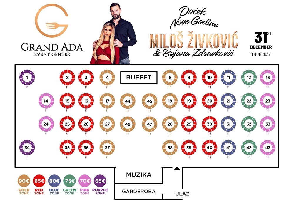 Mapa sedenja - Event centar Grand Ada Nova godina